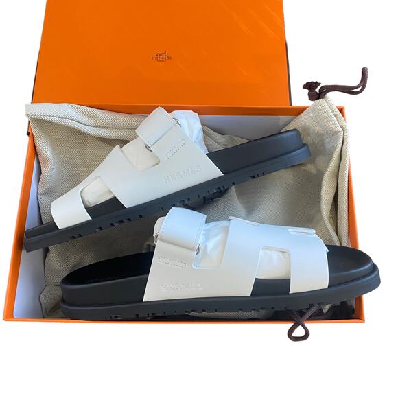 NEW Hermes Chypre White Black Leather Slide Sandal EU 40 Womens - Picture 5 of 10